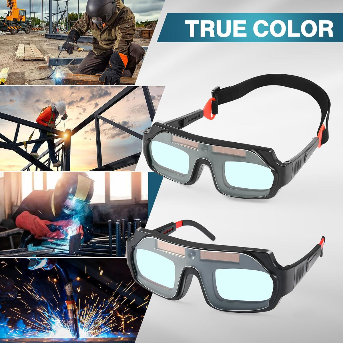 Auto darkening welding glasses shown for different welding applications