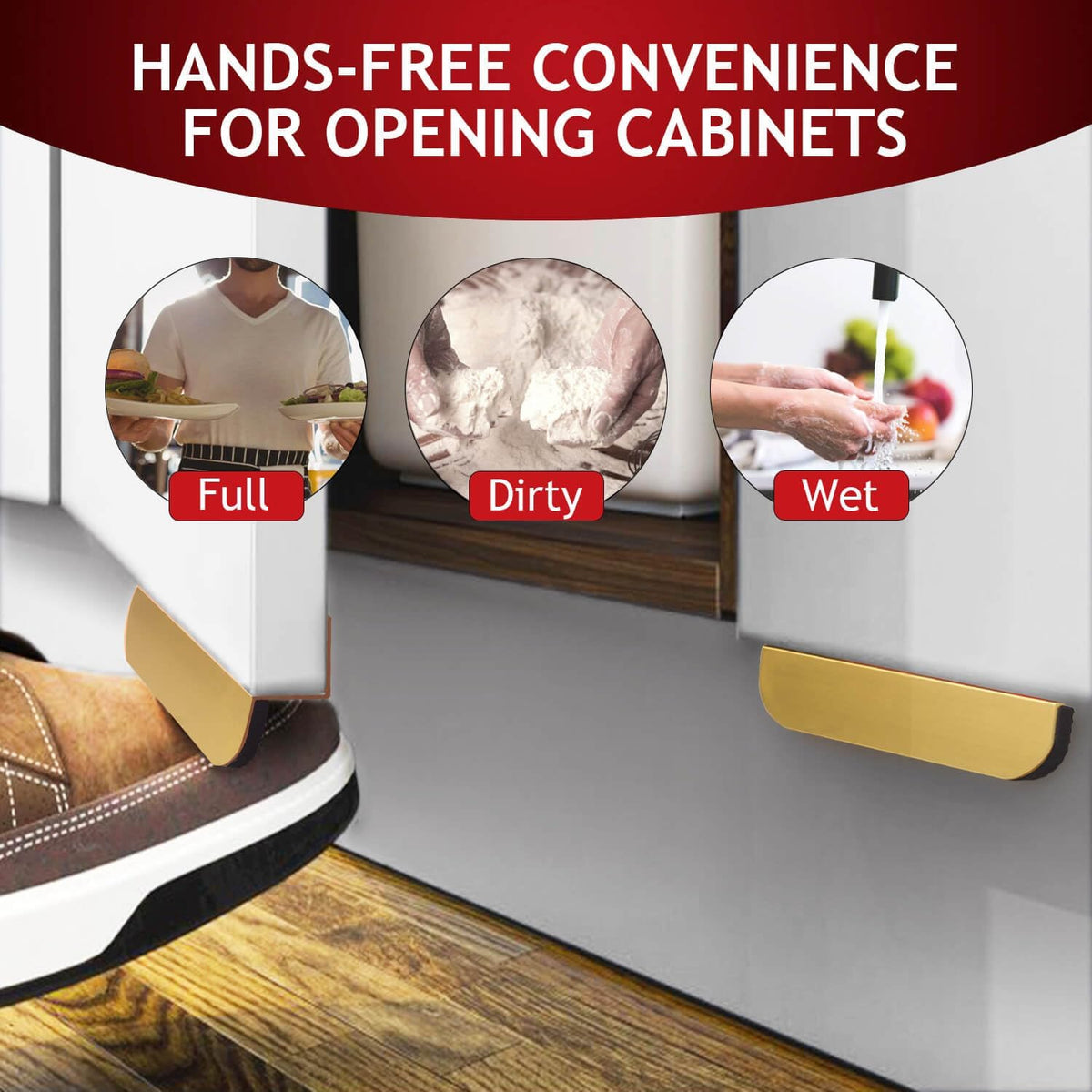 Hands-free cabinet opening when hands are full dirty or wet