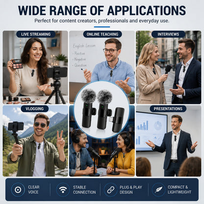 2 Pcs Wireless Lavalier Microphone for iPhone & Android | Plug & Play Dual Mic
