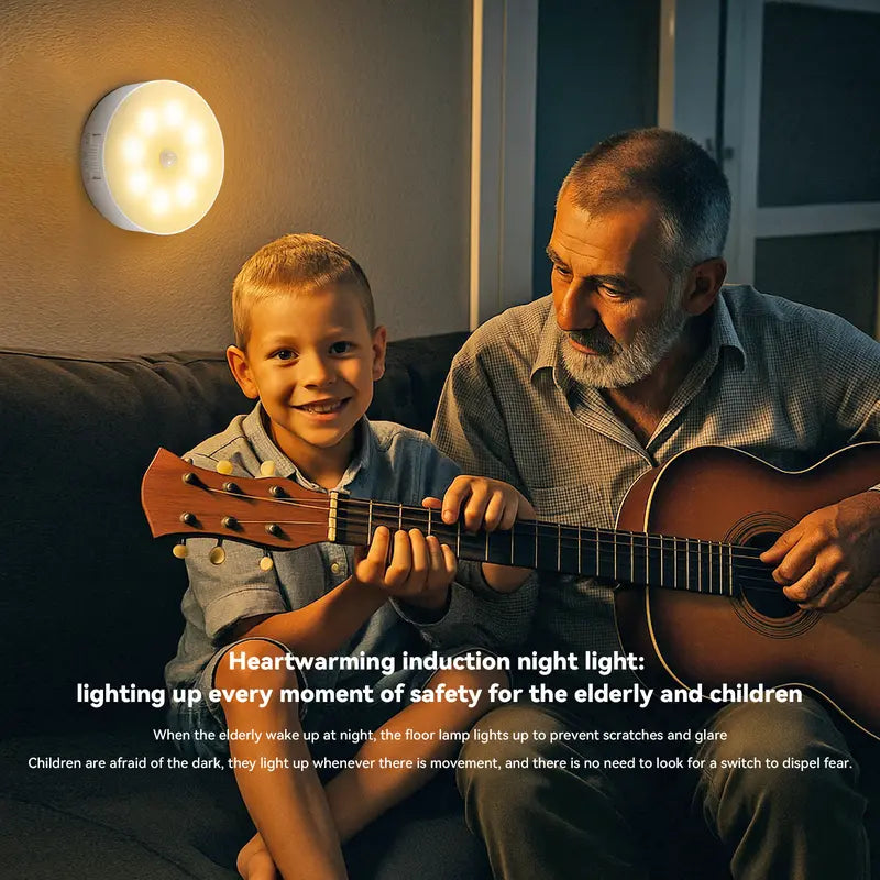 Warm motion sensor night light creating gentle lighting near family