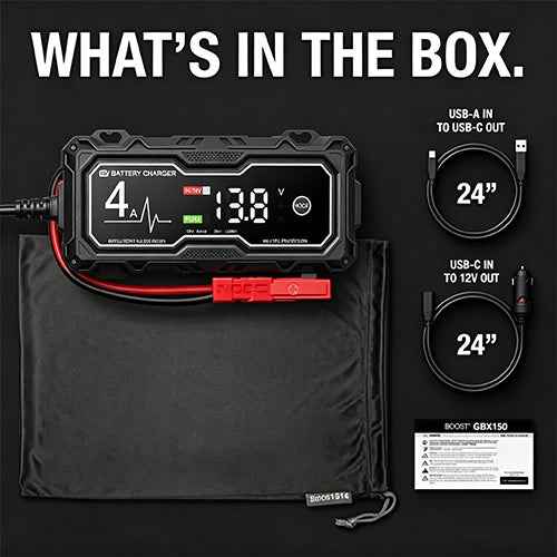 Portable jump starter package contents with cables and storage bag