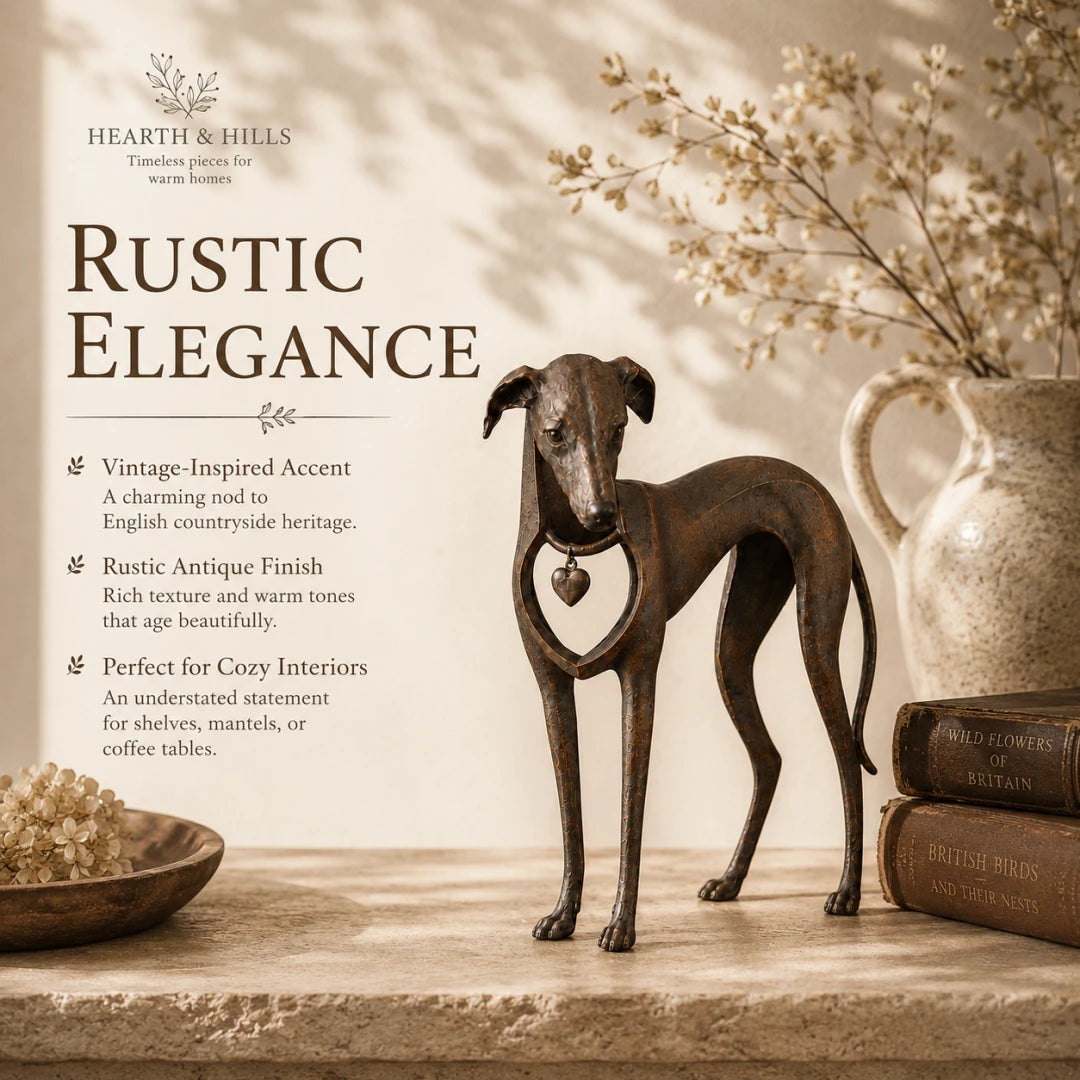Heritage Heart Sighthound Sculpture – Vintage Iron Dog Accent for Timeless Interiors