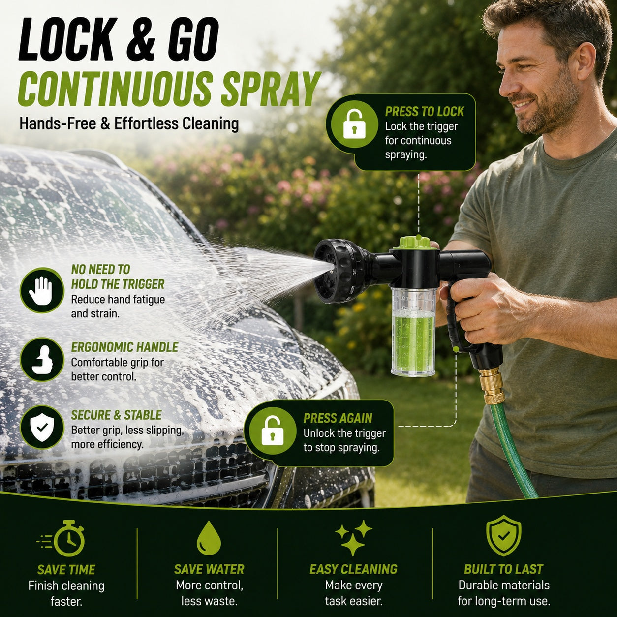 8-Pattern Garden Hose Nozzle with Built-In Soap Dispenser