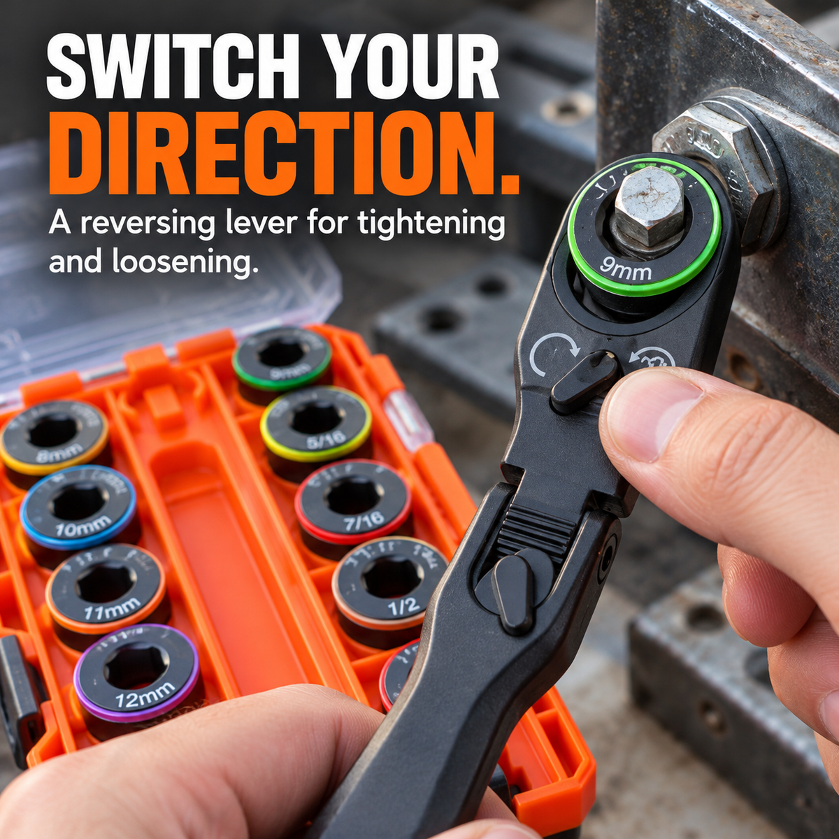 Close-up of the reversing lever on the black ratchet head with color-ringed sockets in the orange case