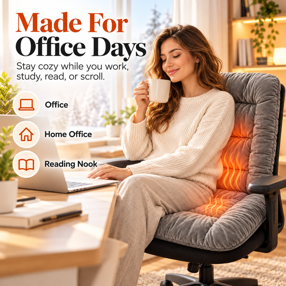 Woman relaxing in a plush heated office chair cushion while enjoying a warm drink in a cozy home office