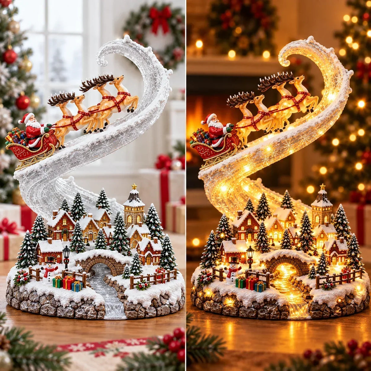 Santa's Magical Sleigh Ride daylight and nighttime illumination comparison