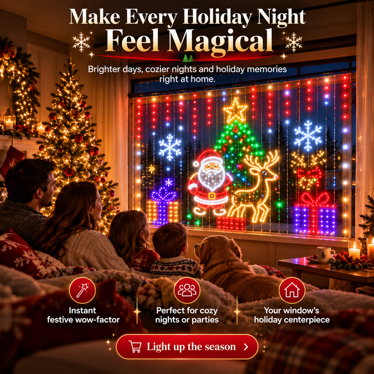 🎅Smart RGB Christmas Curtain Lights – App-Controlled Animated Holiday Window Display