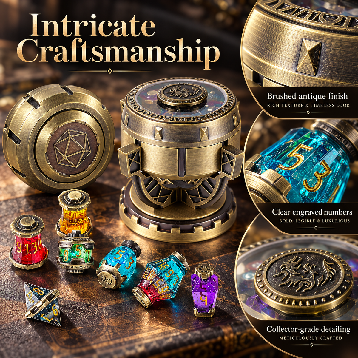 Close-up detailing of antique brass dice case and colorful metal dice