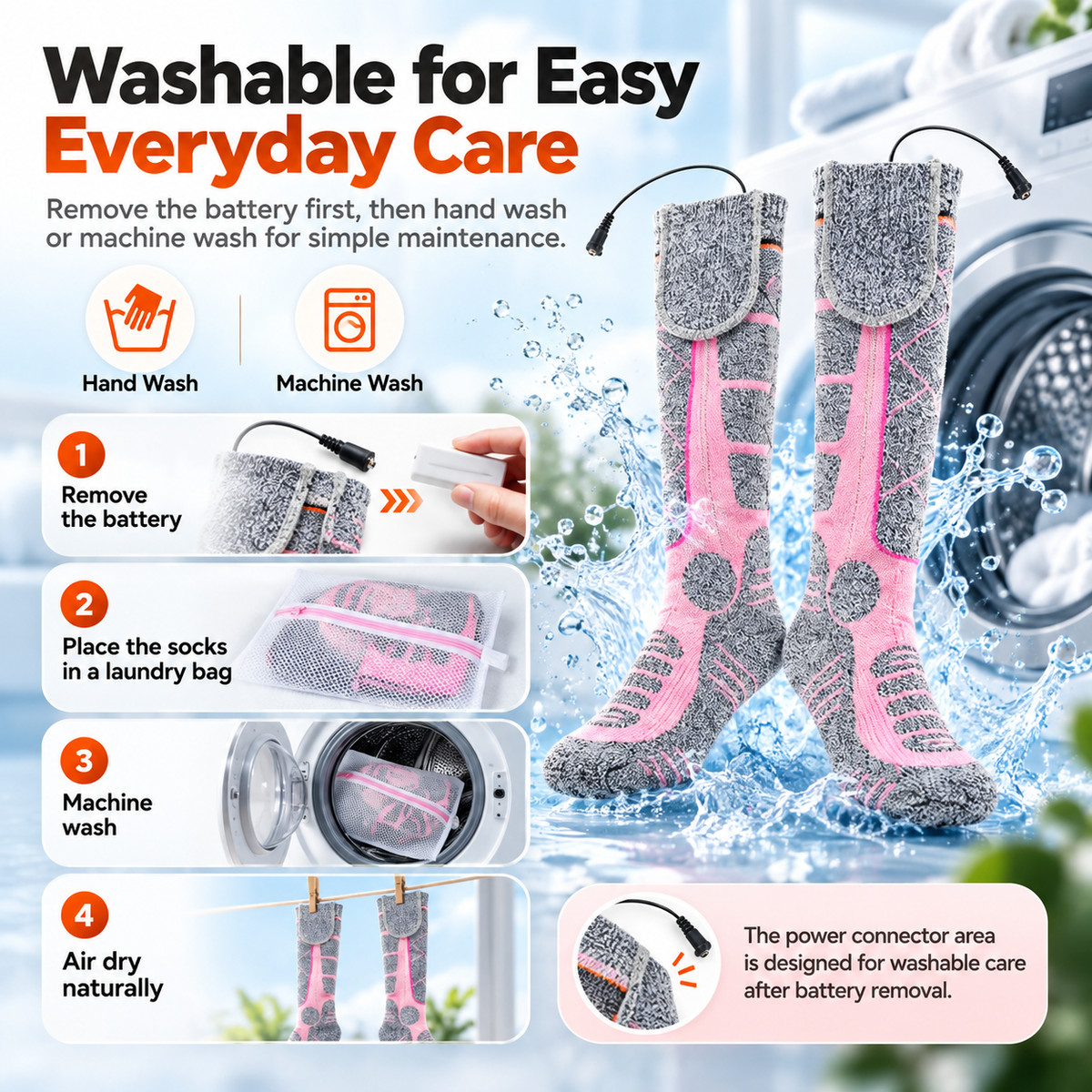 Four step washing guide for rechargeable heated socks remove battery use laundry bag machine wash and air dry