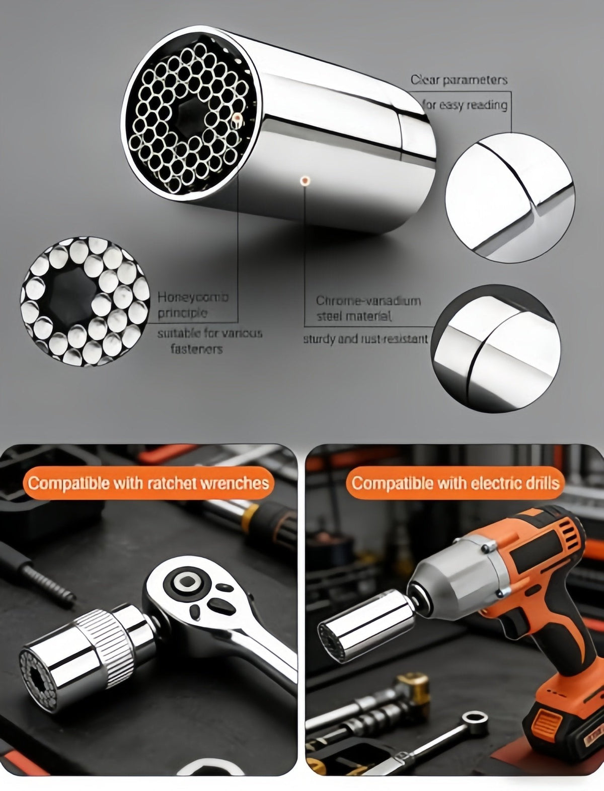 Adaptive pin universal socket construction and ratchet drill compatibility