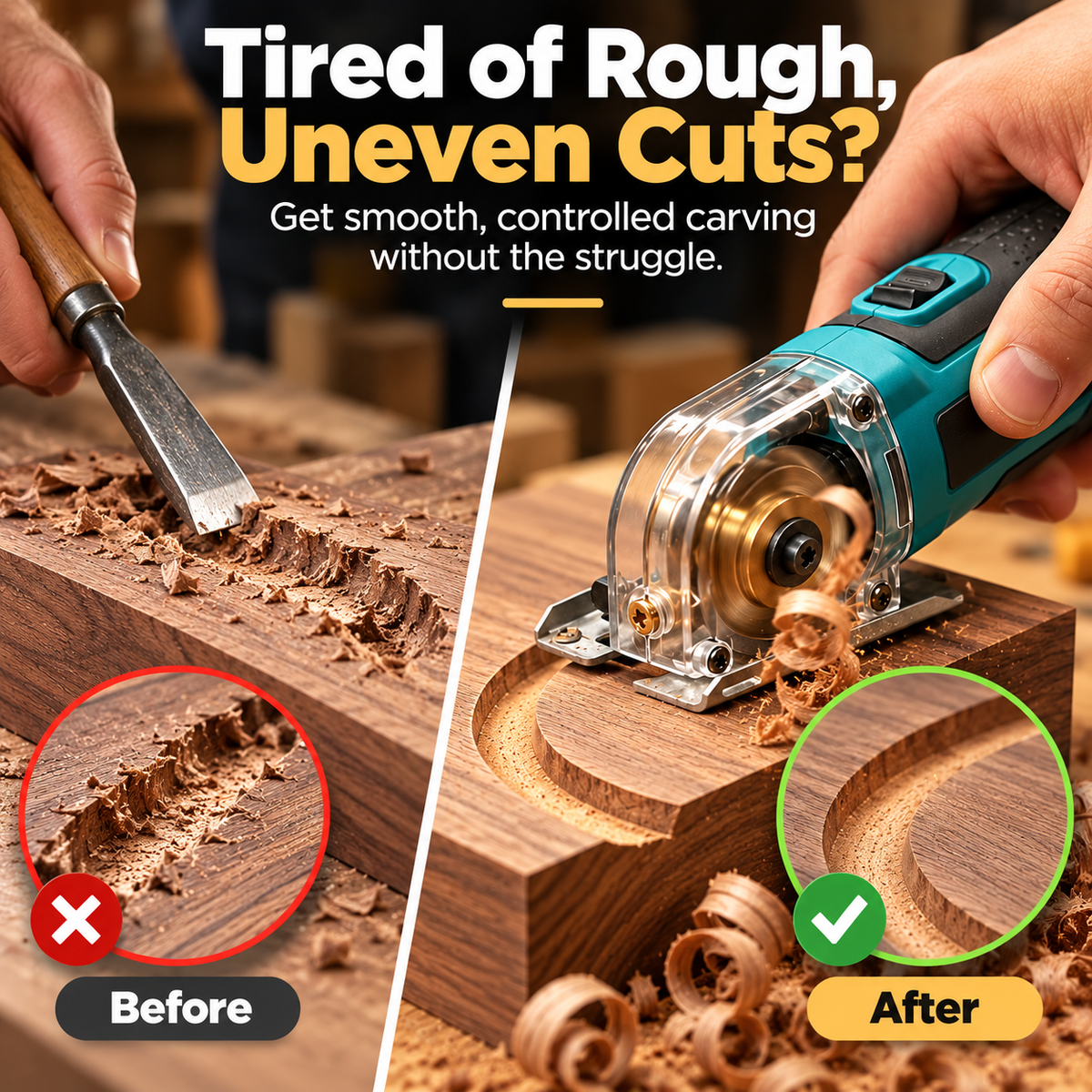 Rough manual wood groove compared with a cleaner curved groove made using compact precision carving tool