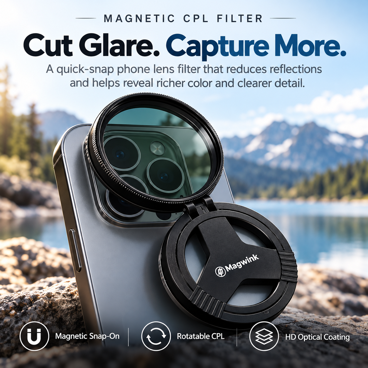 Magnetic CPL filter mounted over smartphone camera with mountain lake scenery in the background
