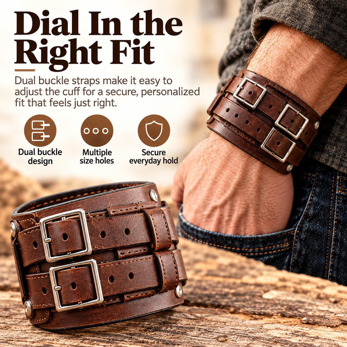 Double buckle smartwatch cuff with multiple adjustment holes