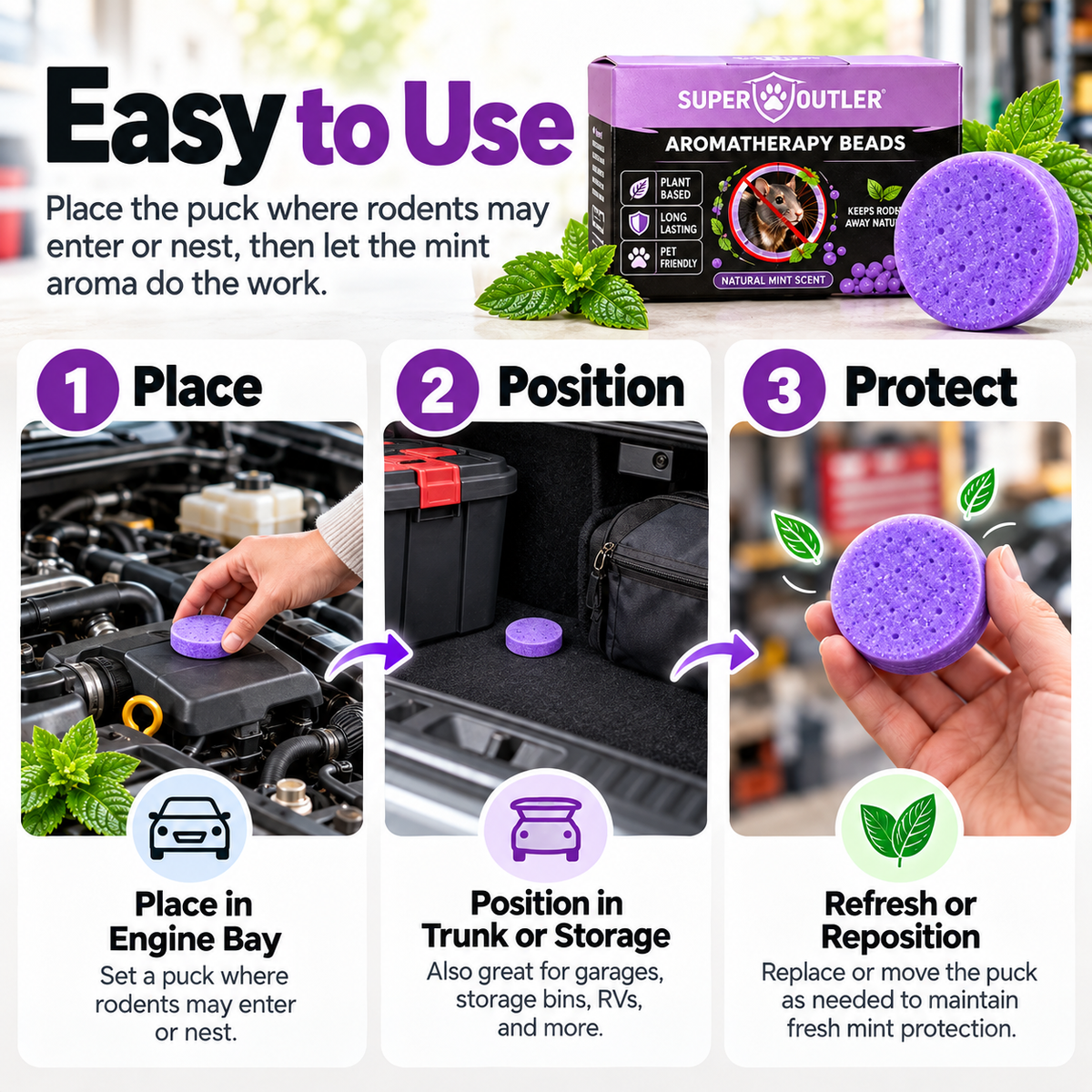 🐭🚫 Keep Mice & Rats Away! 🌿💜 Natural Peppermint Rodent Repellent Pucks 🚗🛡️ Protect Your Car Engine, Garage & Home 🏡✨ Long-Lasting Fresh Mint Scent