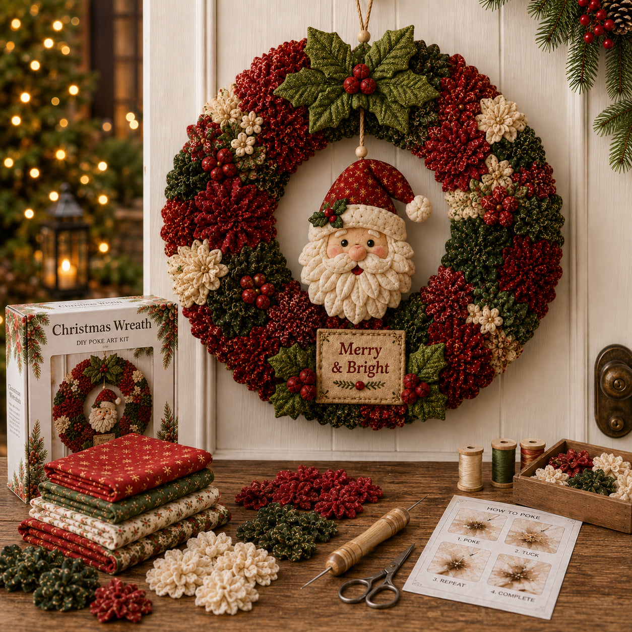 🧵🎄DIY Christmas Fabric Poke-Art Wreath Kit – Handmade Holiday Door Décor