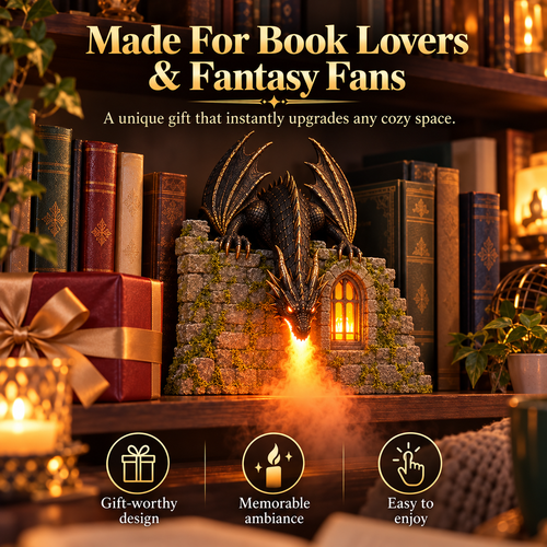 🐉🔥 Magical Fire-Breathing Dragon Book Nook ✨💨 LED Flame Mist Humidifier & Fantasy Castle Bookshelf Decor 📚🏰 Remote Control Dragon Diffuser 🎁 Unique Gift for Book Lovers