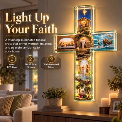 ✝️Illuminated 3D Biblical Story Cross – Warm LED Christian Wall Decor & Meaningful Faith Gift