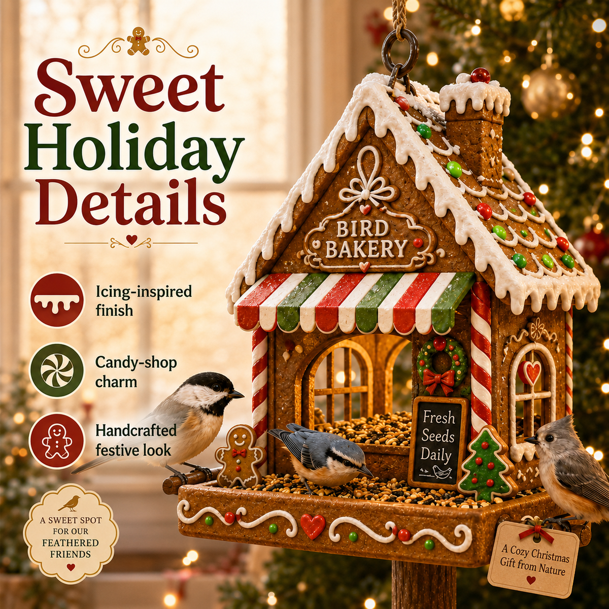 Gingerbread bakery bird feeder for winter garden