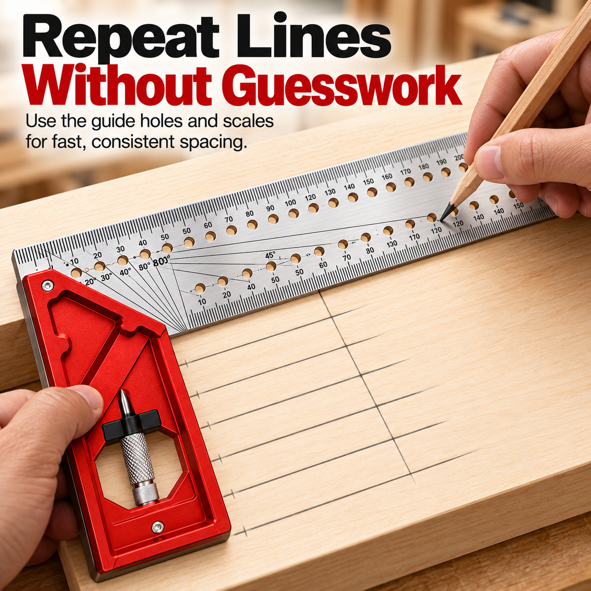 Guide holes used for repeat line marking on wood