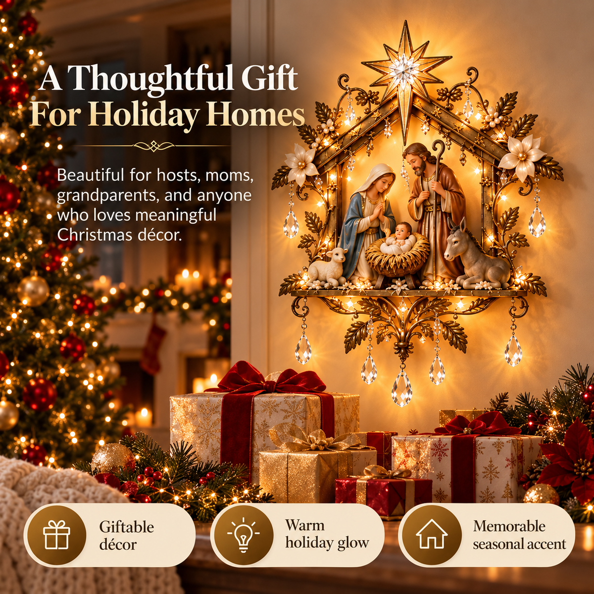 Illuminated Nativity Wall Decor – Lighted Holy Family Christmas Display