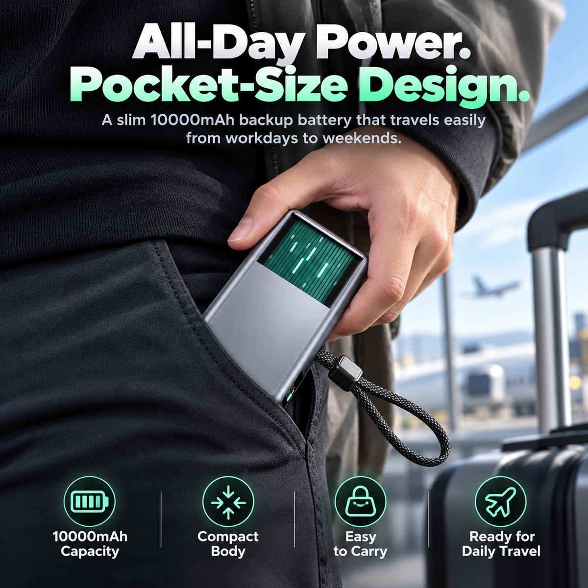 10000mAh magnetic power bank being carried in a pocket while traveling