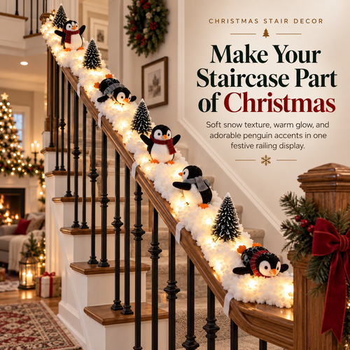 🐧 Lighted Penguin Christmas Stair Decor – 5-Piece Snowy Railing Display
