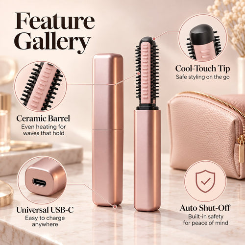Ceramic barrel and cool-touch tip on a cordless mini hair curler