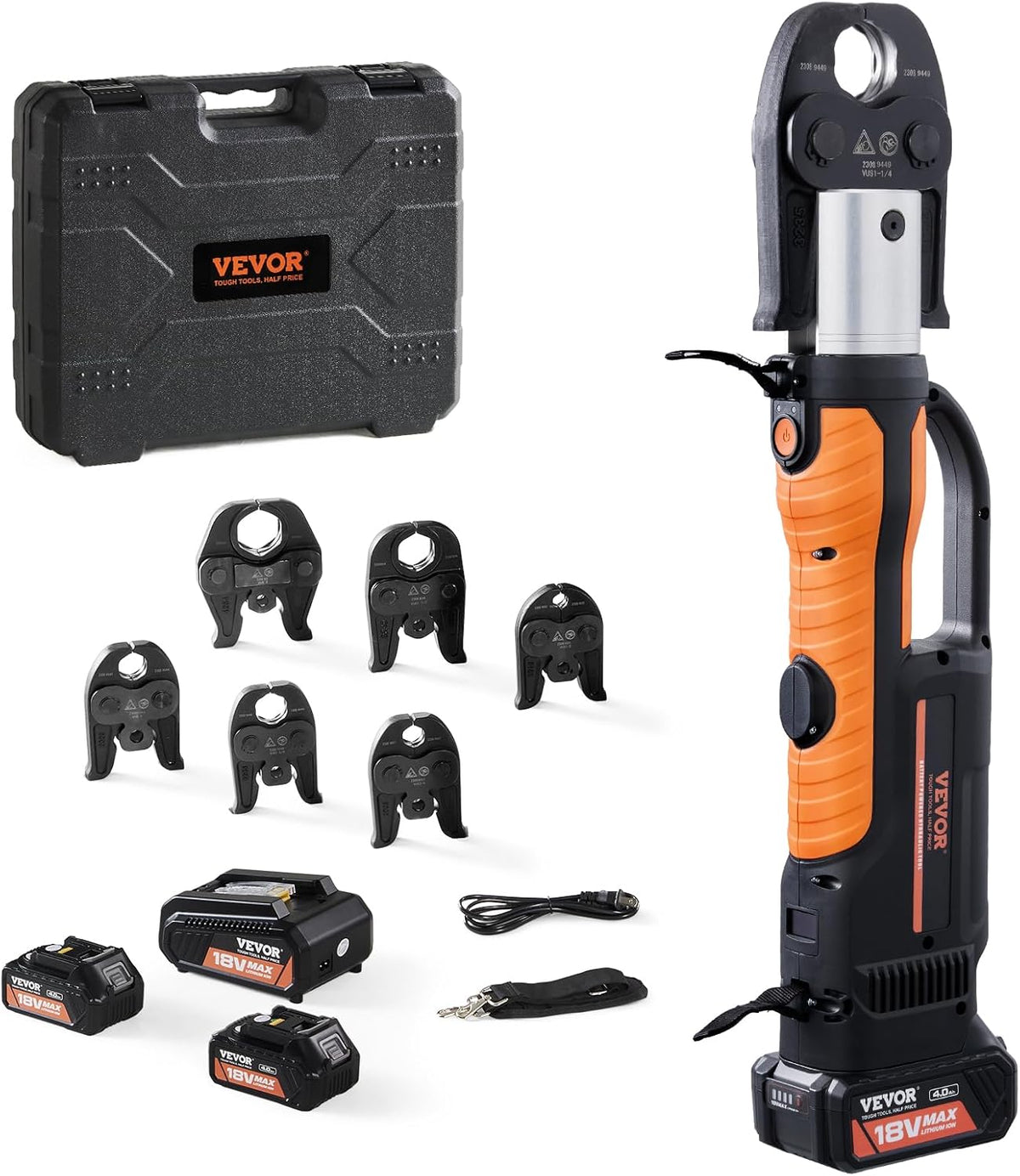 VEVOR 18V Electric Pipe Crimping Tool Press Tool Kit | 1/2' to 2' Copper Pipes, Compatible with ProPress, 6 VUS Press Jaws, 2pcs 4AH Battery & Fast Charger, Carrying Case