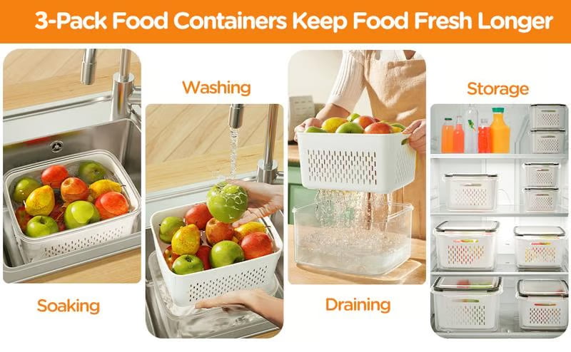 🥗Household transparent plastic food storage box-Including drain basket