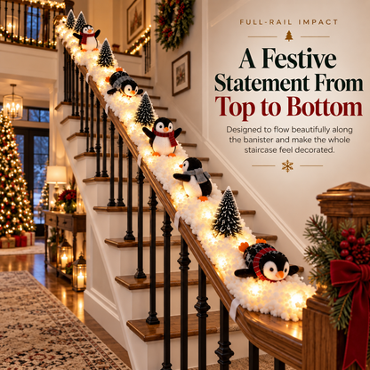 🐧 Lighted Penguin Christmas Stair Decor – 5-Piece Snowy Railing Display