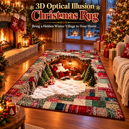 🔥🎅3D Optical Illusion Christmas Village Rug – Hidden Santa Winter Wonderland ✨