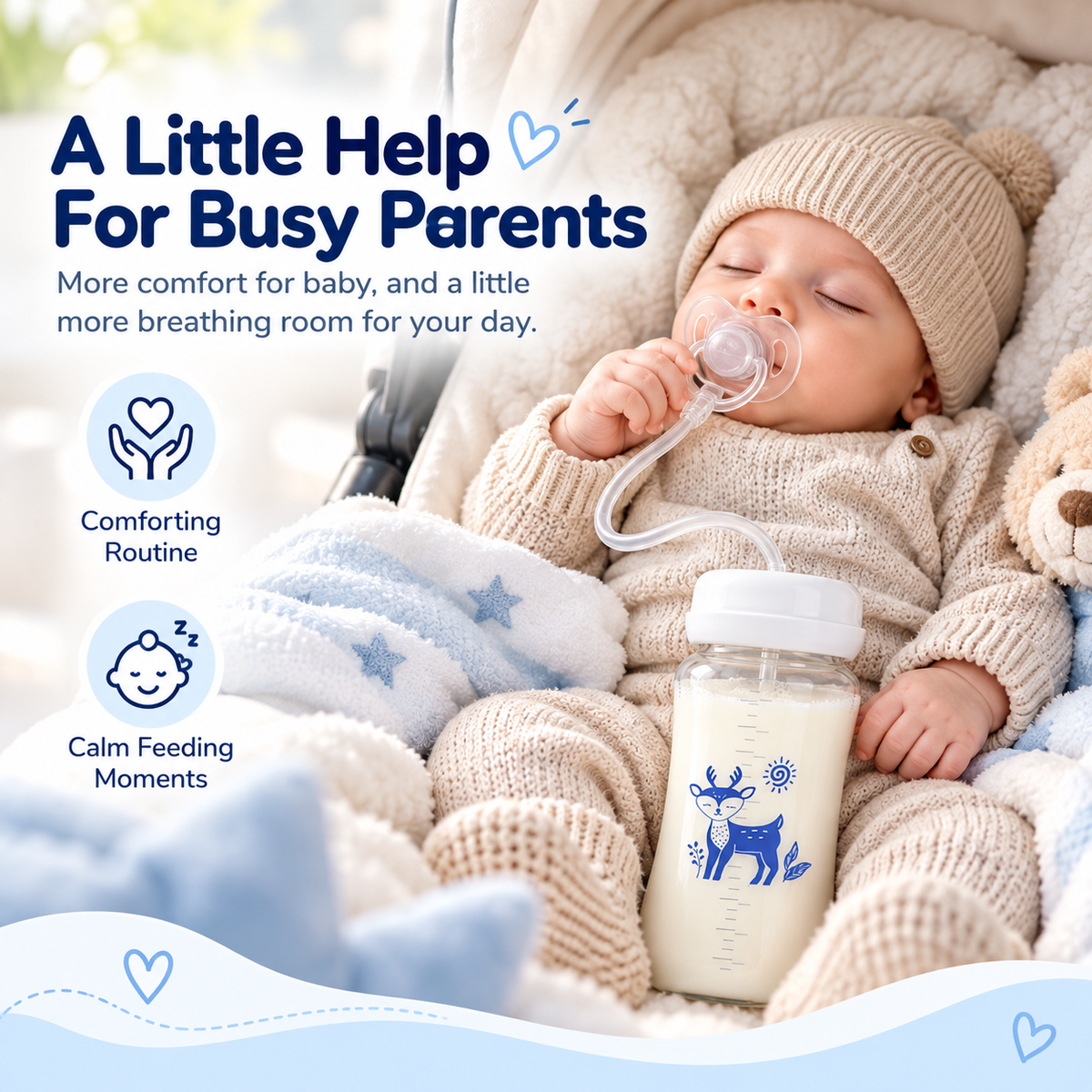 🍼💙✨ Cute Deer Baby Feeding Bottle & Connected Pacifier Set 🦌👶💕 Flexible Tube Design, Clear Milk Bottle, Baby Feeding Essential 🎀🍼 (Blue & Pink) ✨💗