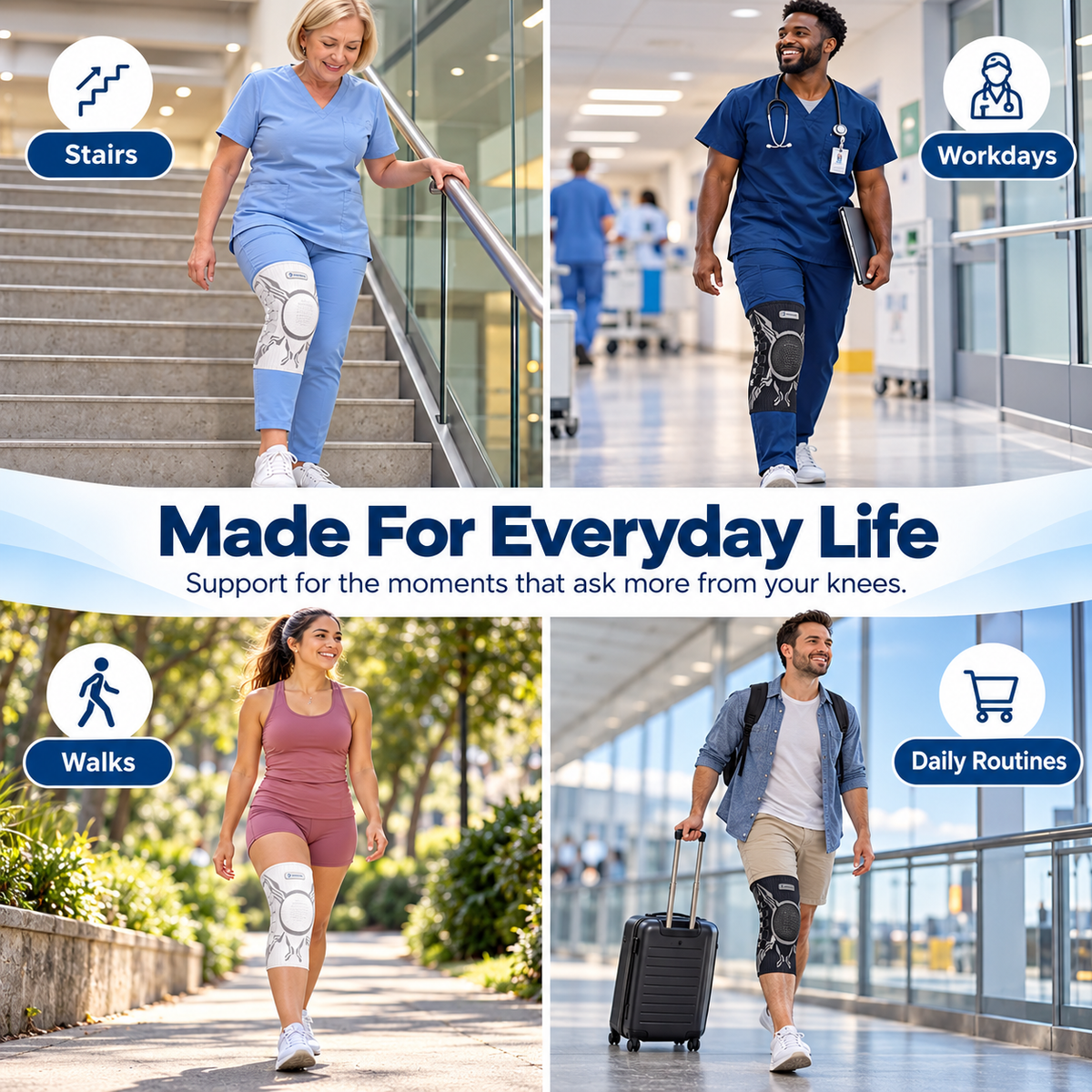 Knee support used during stairs workdays walks and everyday routines