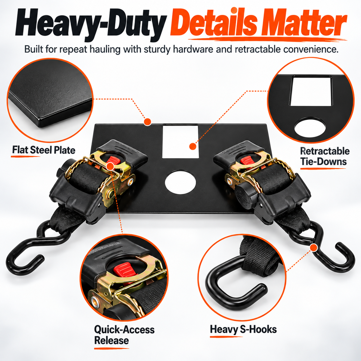 Close up of steel hitch plate retractable ratchets quick release controls and heavy S hooks