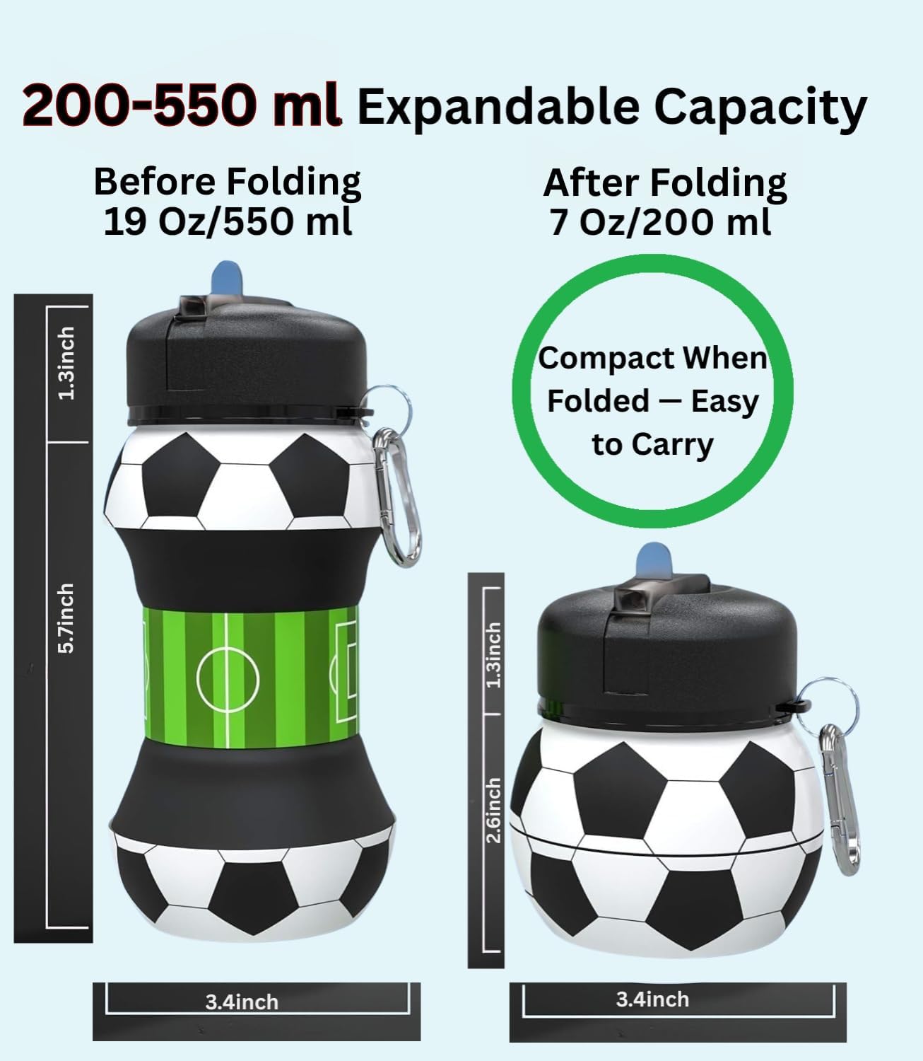 ⚽ Soccer-Shaped Collapsible Silicone Water Bottle | BPA-Free Leak-Proof Sports Cup for Kids