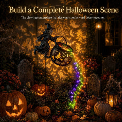🔥 LAST DAY 50% OFF-🎃 Flying Witch & Glowing Cauldron Garden Light – Magical Halloween Yard Display ✨