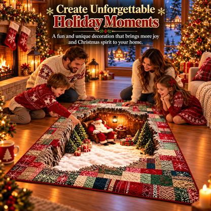 🔥🎅3D Optical Illusion Christmas Village Rug – Hidden Santa Winter Wonderland ✨