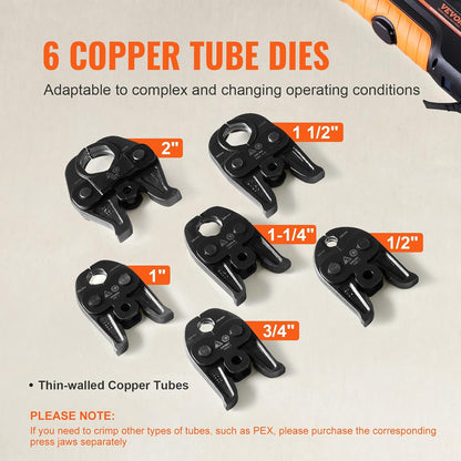 VEVOR 18V Electric Pipe Crimping Tool Press Tool Kit | 1/2' to 2' Copper Pipes, Compatible with ProPress, 6 VUS Press Jaws, 2pcs 4AH Battery & Fast Charger, Carrying Case