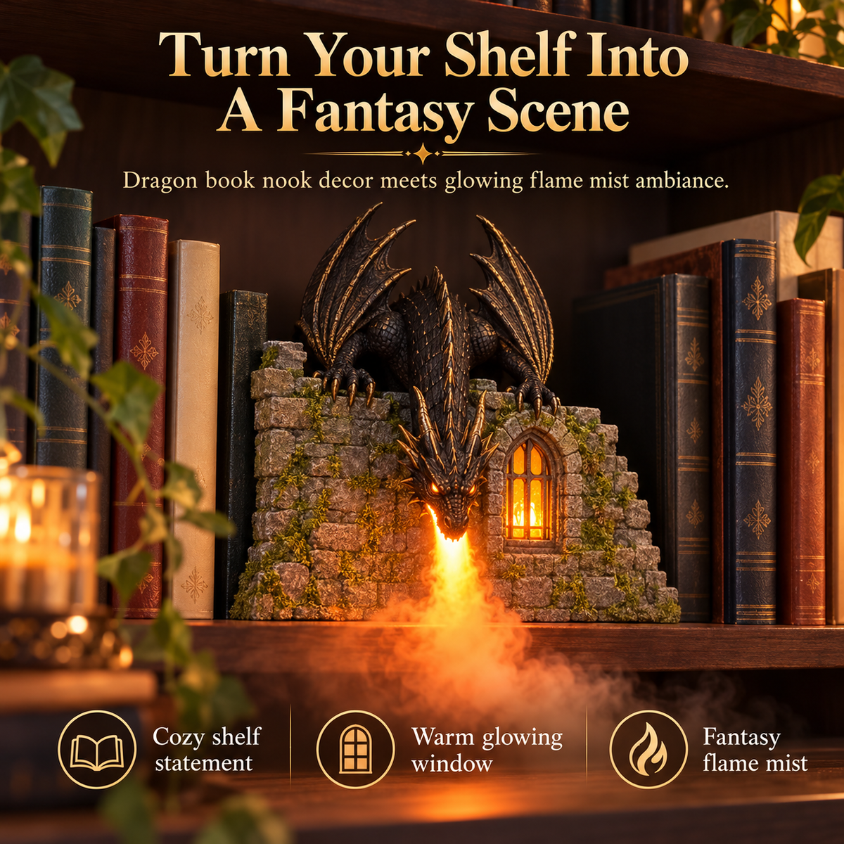 🐉🔥 Magical Fire-Breathing Dragon Book Nook ✨💨 LED Flame Mist Humidifier & Fantasy Castle Bookshelf Decor 📚🏰 Remote Control Dragon Diffuser 🎁 Unique Gift for Book Lovers