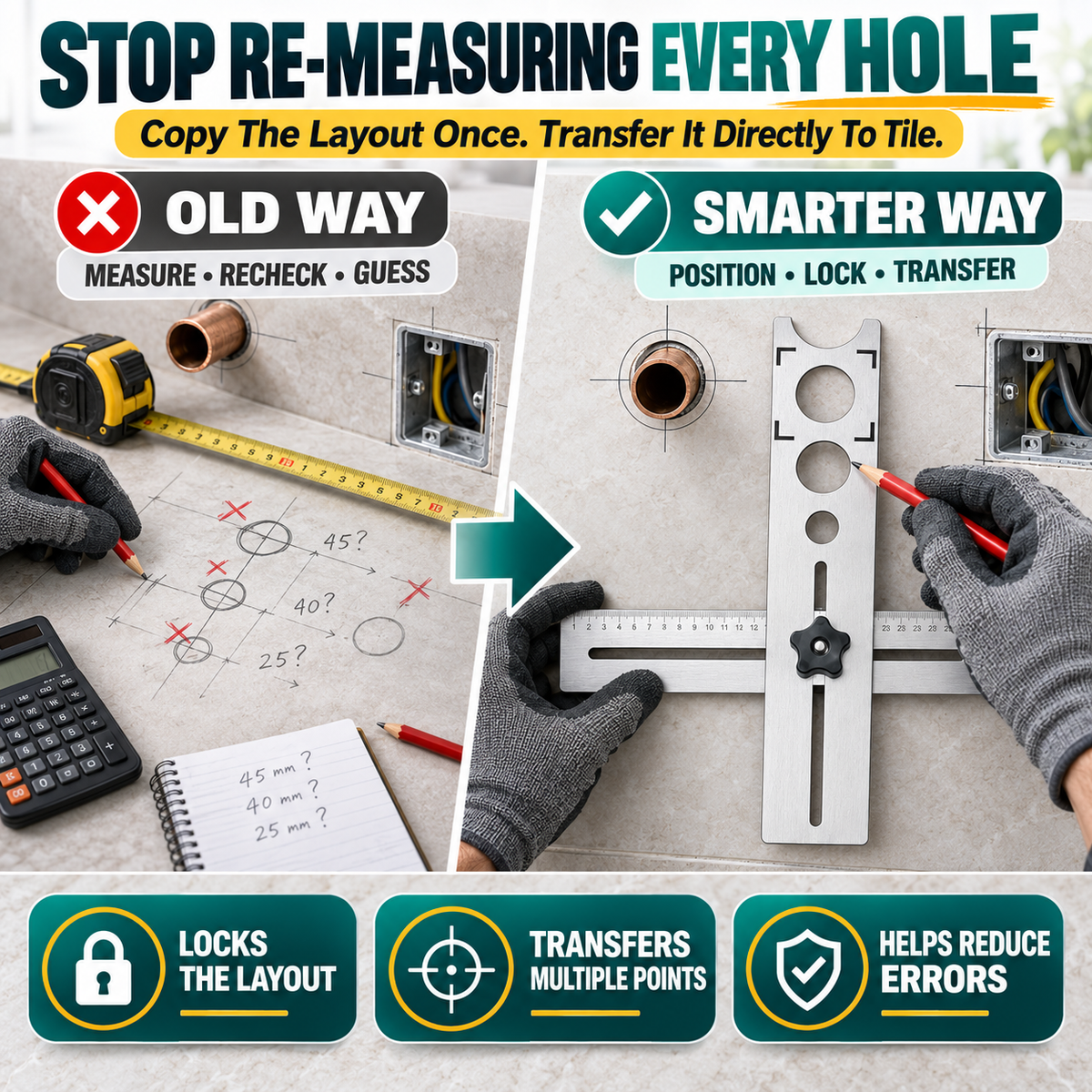 Adjustable positioning ruler transferring pipe and outlet layout to tile