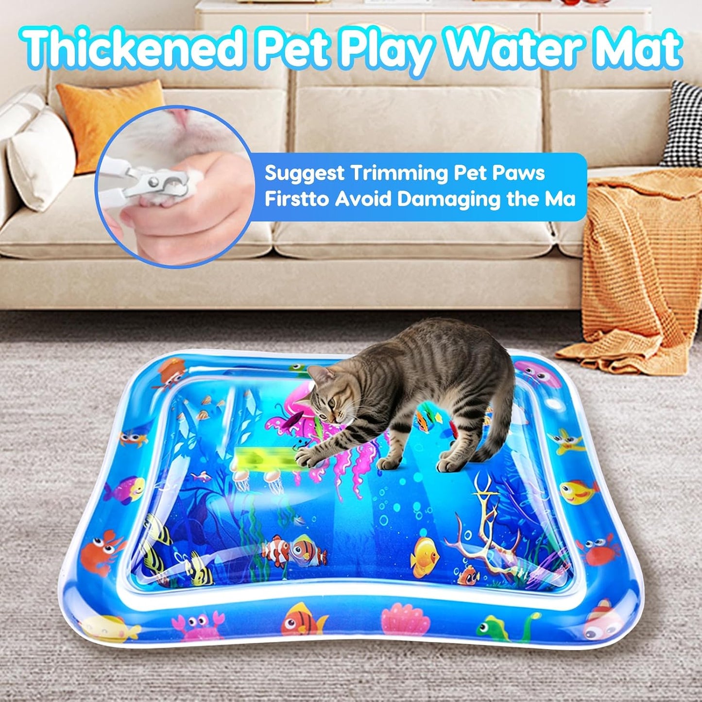 🎁HOT DEAL – Up to 49% OFF🔥 Cat Water Mat - Interactive Cat Toys Upgraded Thickened 0.7mm PVC Cooling & Heating Water Bed with Floating Fish