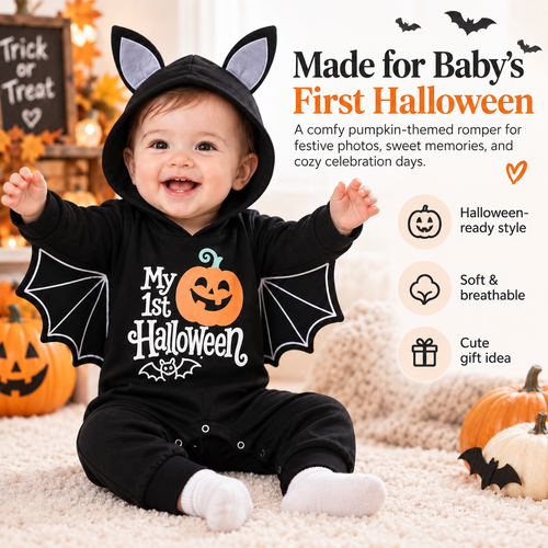 🦇 Baby Halloween Bat Wing Romper – Hooded One-Piece Costume, 5 Spooky-Cute Styles