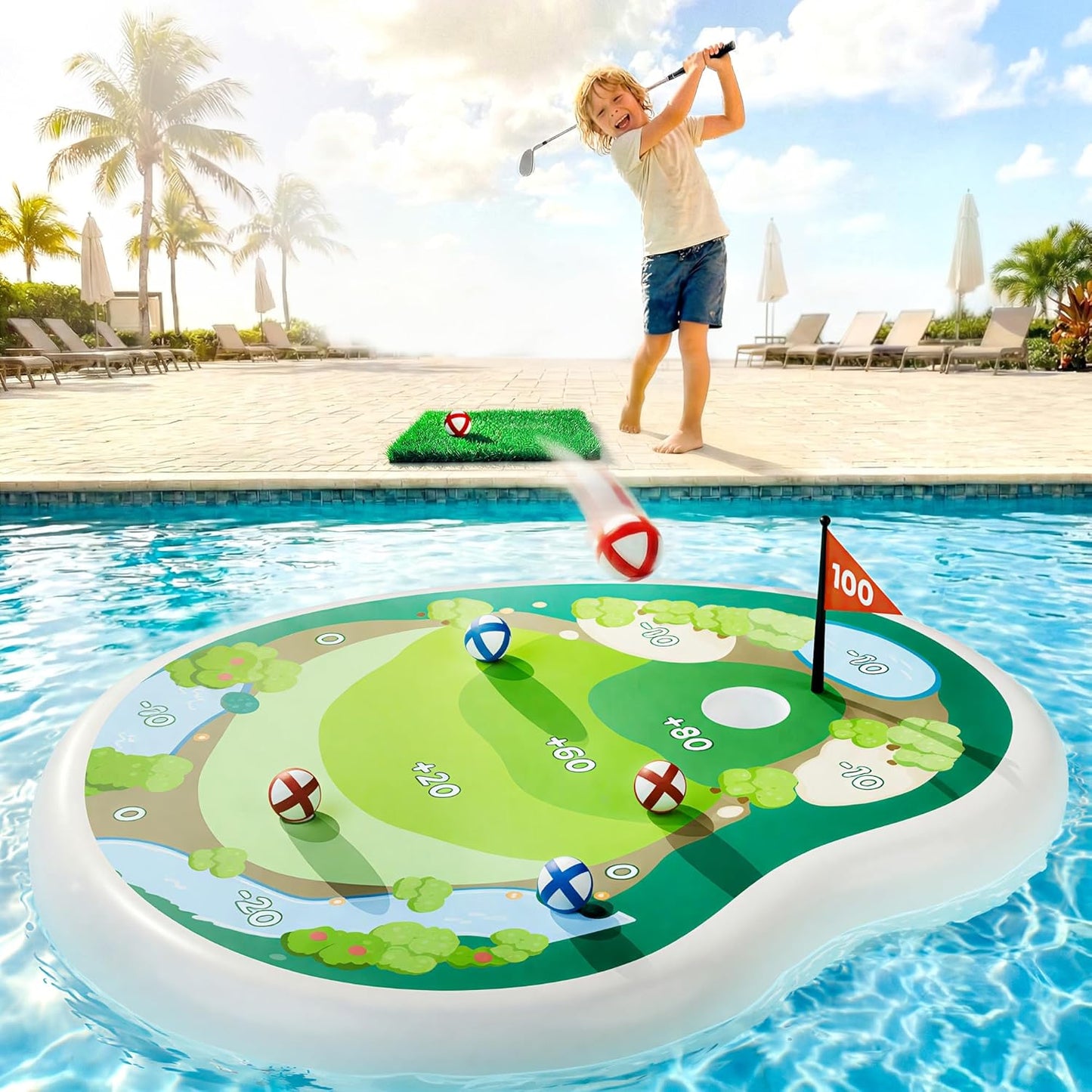 Kids Inflatable Golf Pool Toys, Fun Swimming Pool Game, Floating Water Chipping Green W/Sticky Balls