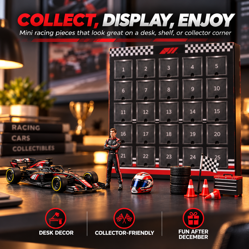 Racing advent calendar displayed on a desk with miniature race car driver helmet tires and pit-lane accessories