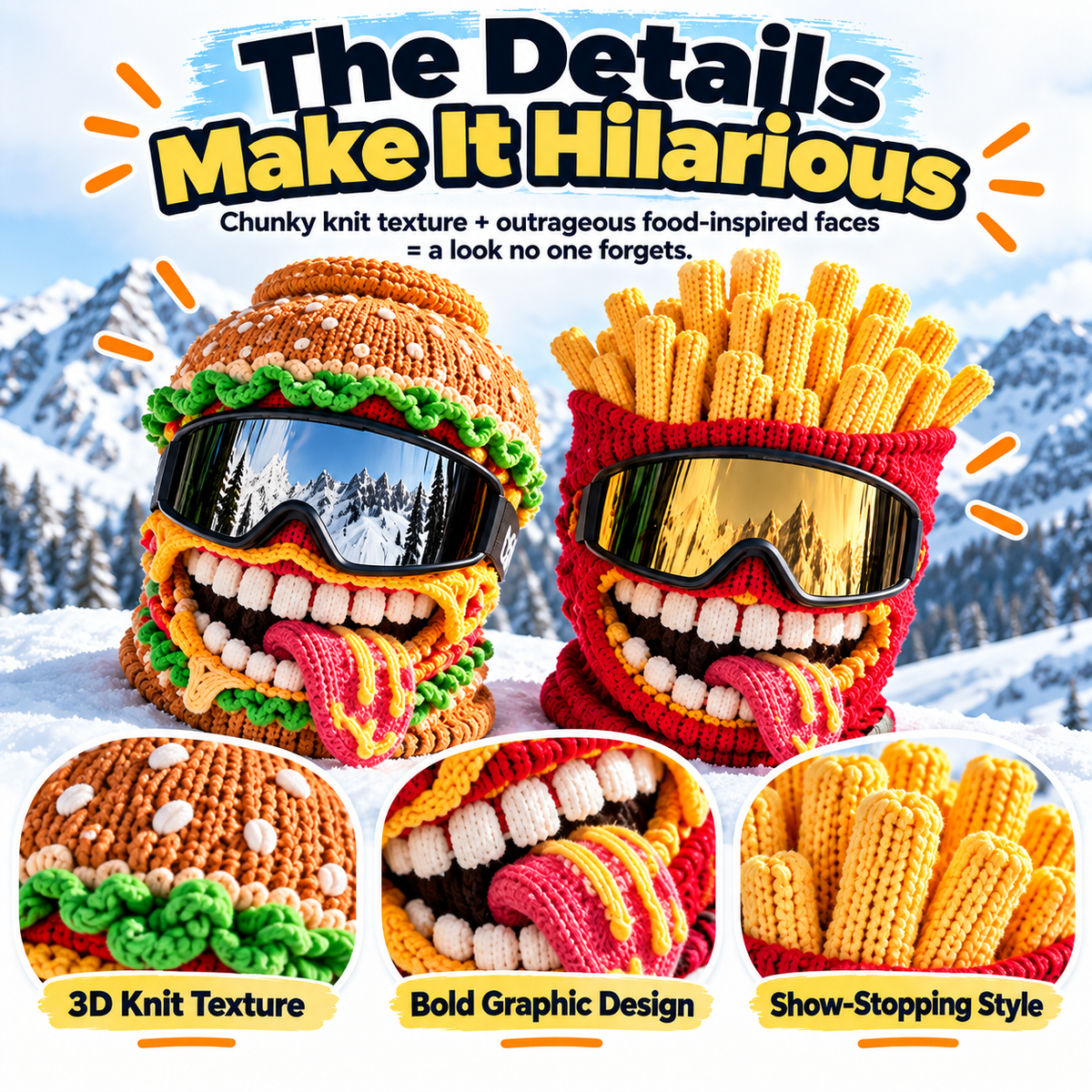 Close up details of burger and fries food ski masks