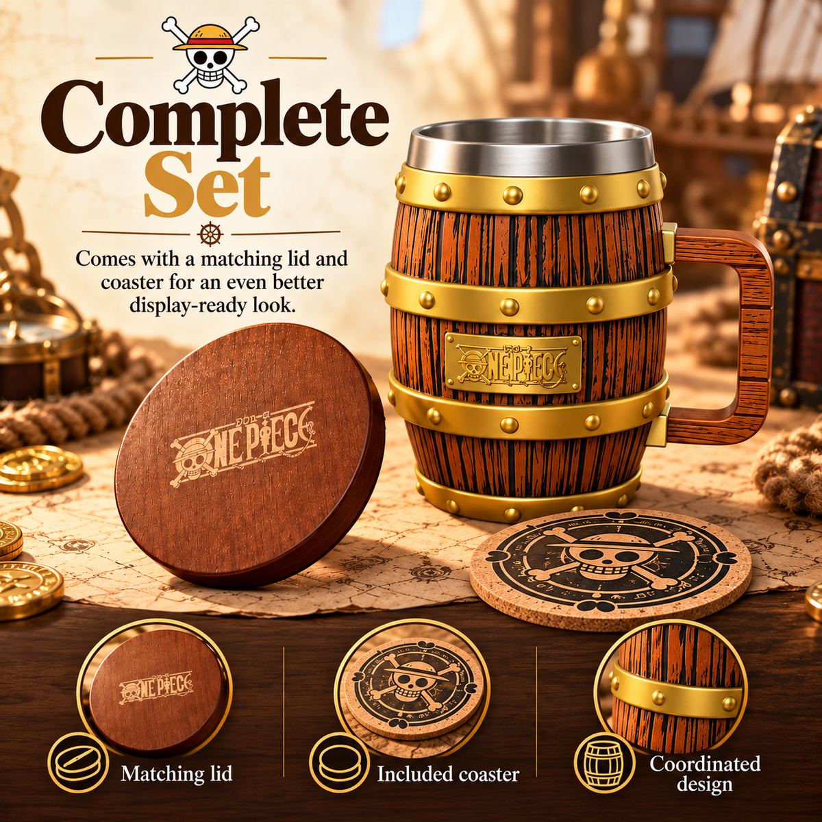 Pirate barrel mug set with matching lid and coaster