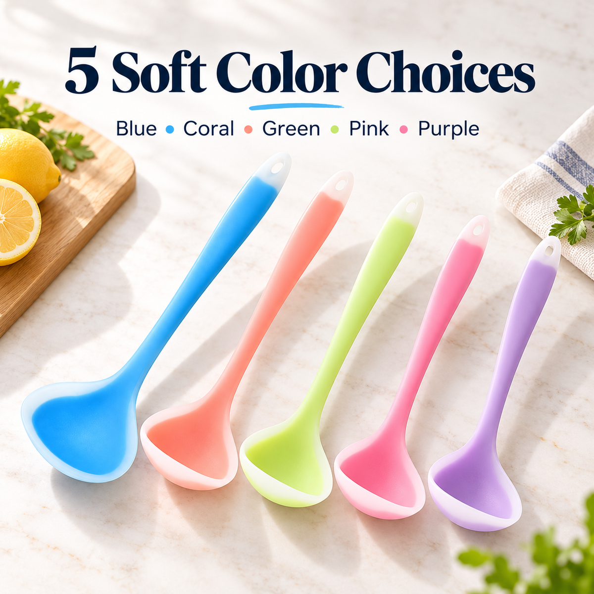 Five silicone spoon scraper colors displayed side by side: blue, coral, green, pink and purple