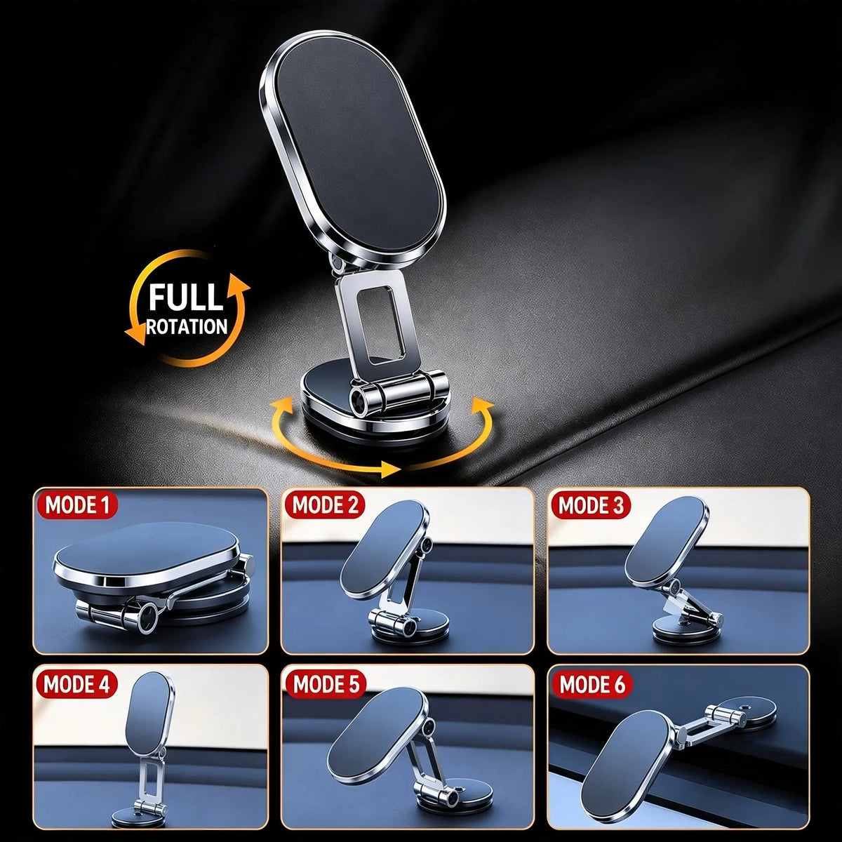 Foldable magnetic car phone mount shown in multiple positions