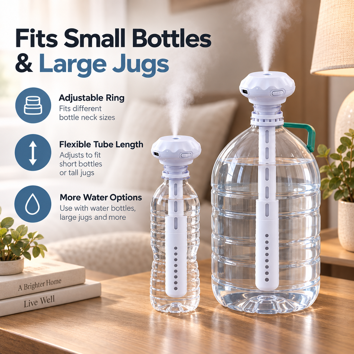 Adjustable bottle humidifier shown with small bottle and large water jug