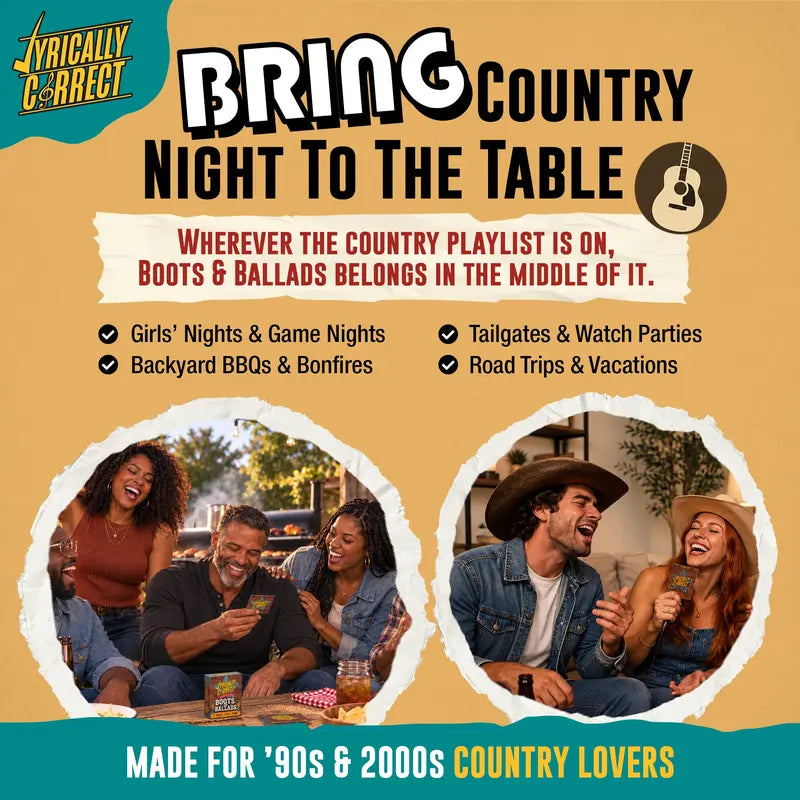 Boots and Ballads country trivia played during girls night, backyard gatherings and parties